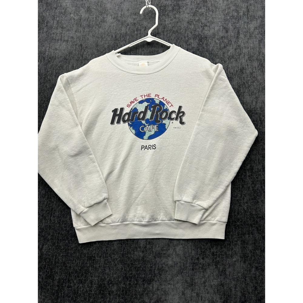 Vintage Hard Rock Cafe Paris Sweatshirt Mens Medium White Cotton Save The Planet